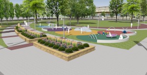 This preliminary design from OPN Architects shows a children's play area and new planters at the corner of Greene Square Park at Fourth Avenue and Fifth Street SE.