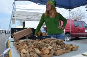 Brein Osborn, of Anything but Green Gardens in Vinton, sells mushrooms at the Hiawatha Farmers Market on Sunday, May 5, 2013. (photo/Cindy Hadish)