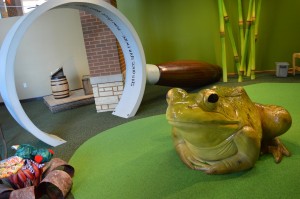 Iowa's wet weather may be better suited for amphibians - even pretend ones - like this giant green frog at Wickiup Hill Learning Center in Linn County. (photo/Cindy Hadish)