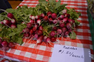 Radishes are sold by Buffalo Ridge Orchard of Central City during the Mount Vernon farmers market in April 2013. (photo/Cindy Hadish)