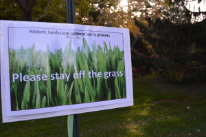 Signs note the historic landscape restoration in the works at Brucemore. (photo/Cindy Hadish)