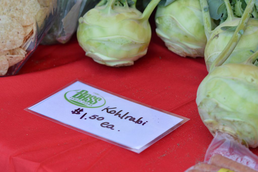 Kolhrabi was among the items sold by Bass Farms, which also gave away farm-fresh eggs to the first 50 customers at the kick-off Lion Bridge Farmers Market. (photo/Cindy Hadish)