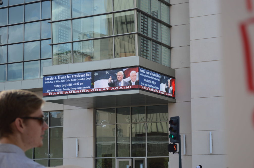 A sign on the DoubleTree by Hilton advertised the Donald Trump rally. (photo/Cindy Hadish)
