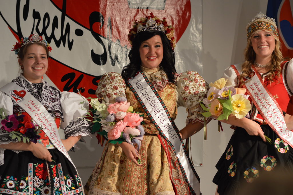 Ashley Pudil, left, of Iowa, won second runnerup; Michaela Steager of Nebraska was crowned queen and Anna O'Renick of Missouri was first runnerup in the Miss Czech-Slovak U.S. pageant on Sunday, Aug. 7, 2016. (photo/Cindy Hadish)