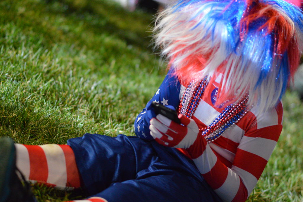 A young Donald Trump supporter dresses for the occasion at the Trump rally in Cedar Rapids. (photo/Cindy Hadish)