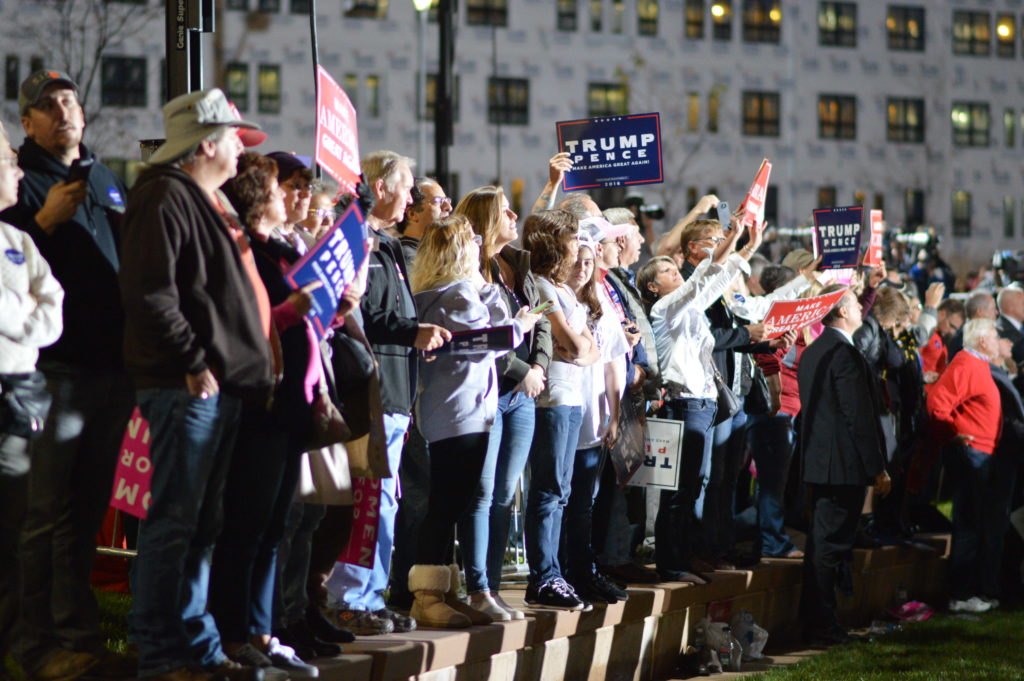 The crowd at the campaign rally tries to catch a glimpse of Donald Trump in Cedar Rapids, Iowa. (photo/Cindy Hadish)